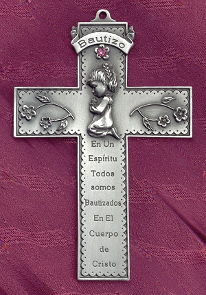 Spanish Girl's Baptism Pewter Cross