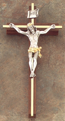 Walnut & Gold Crucifix w/ 2-Tone Corpus 10 In.