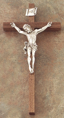 Thin Walnut & Silver Crucifix 10 In.