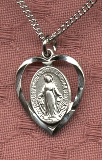 Miraculous Medal in Heart in Sterling