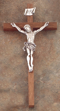 Thin Walnut & Silver Crucifix 12 In.