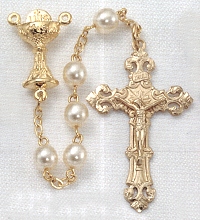 Gold on Sterling Glass Pearl Communion Rosary