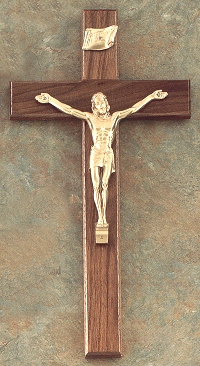 Walnut & Lacquered Gold Crucifix 15 In.