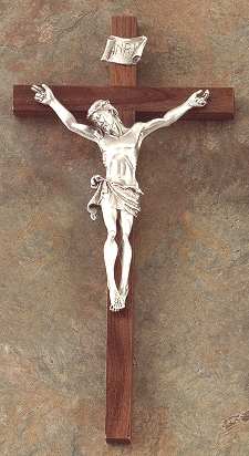 Thin Walnut & Pewter Crucifix 15 In.