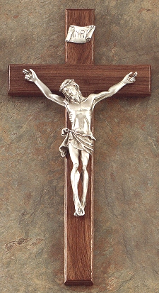 Large Walnut & Pewter Crucifix 15 In.