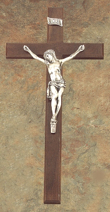 Institutional Crucifix Walnut & Silver 27 In.