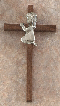 Praying Girl Cross in Walnut & Pewter 7In.